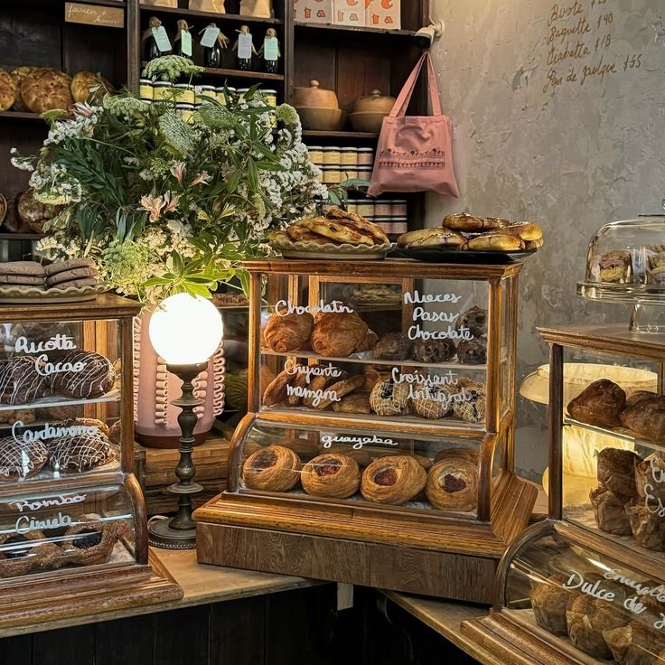 showcase full of breads and muffins with lables and showcasing diffrent homemade jam